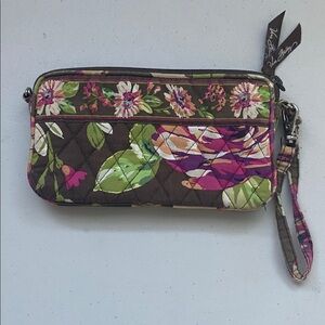 Vera Bradley English Rose Clutch Long Zipper Wallet Wrist Strap Brown Floral
